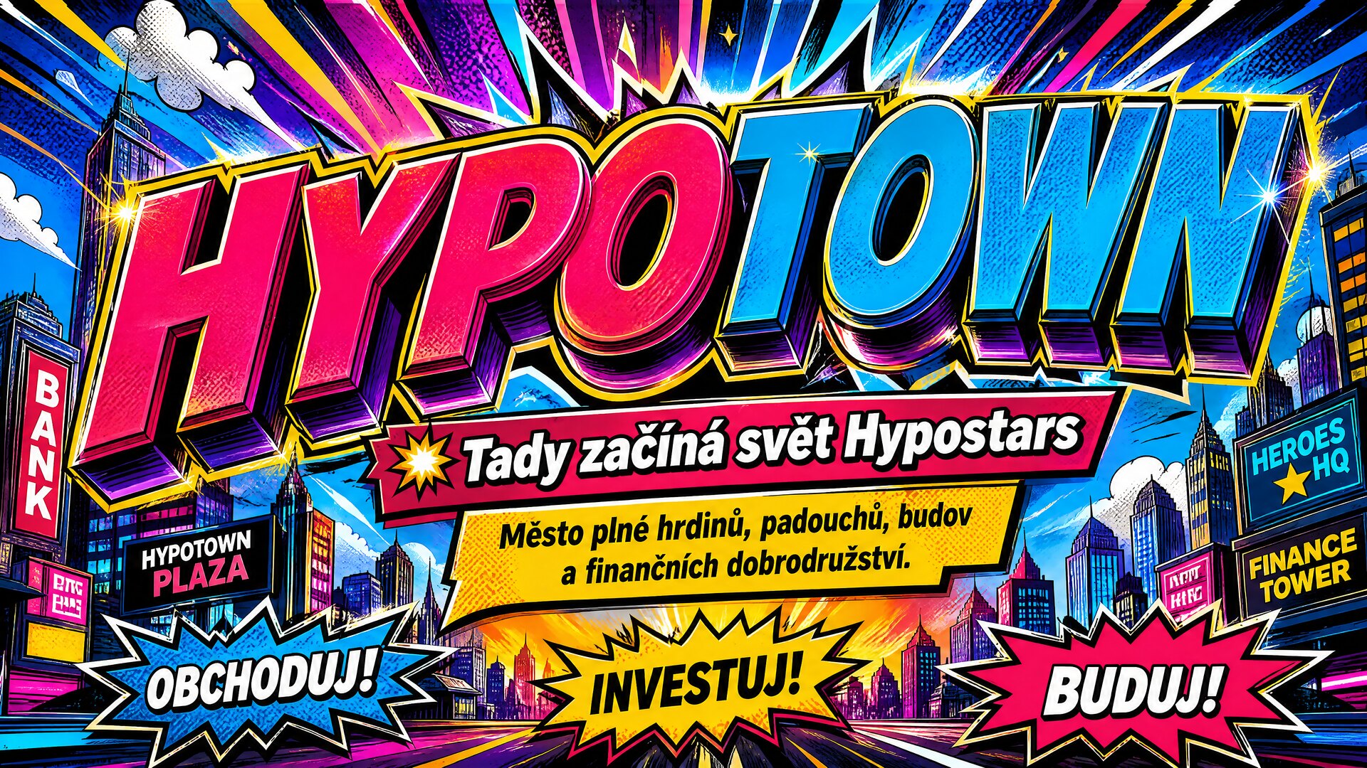 HYPOTOWN — Tady začíná svět Hypostars. Město plné hrdinů, padouchů, budov a finančních dobrodružství.